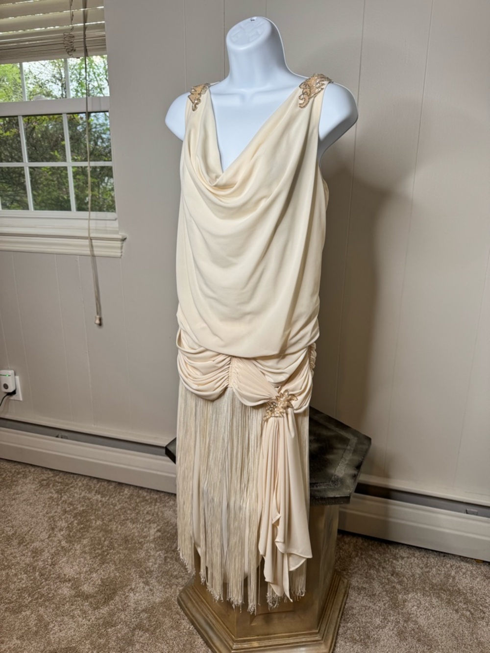 Lillie Rubin Cream Fringe Midi Dress with Draped Cowl and Embellished Shoulders